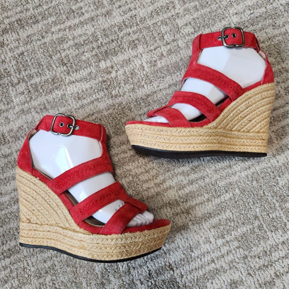 UGG Lauri espadrille platform wedge sandals red suede size 6.5 - Picture 5 of 11